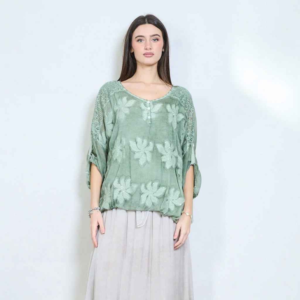 BZNA Bluse Tunika mit Seide Blumen bestickte Bluse und Spitze
