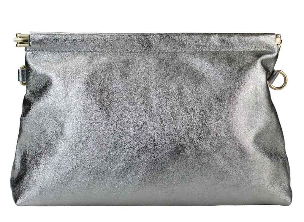 BZNA Bag Zoey Argento Scuro Metalicca Leder Italy Damen Clutch Handtasche Schultertasche
