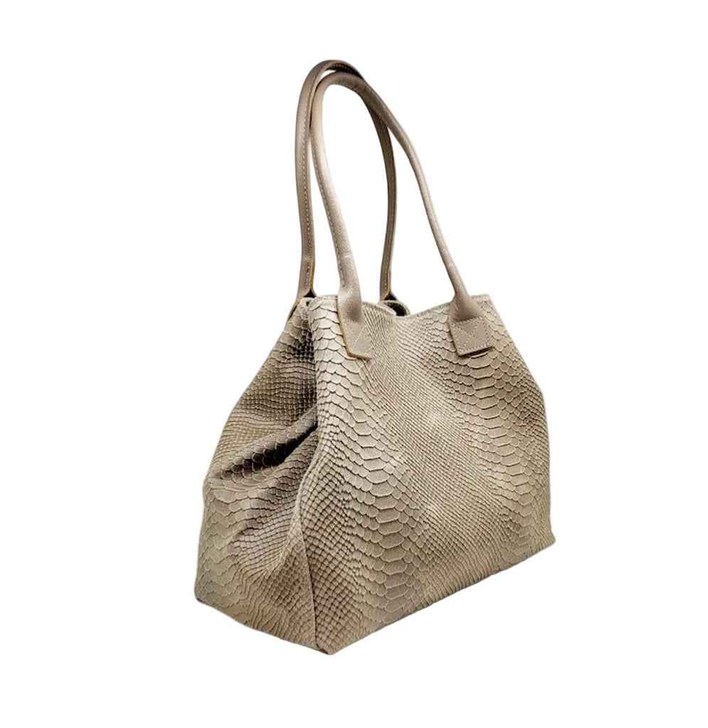 BZNA Bag Ladasha Light Taupe Snake Prägung Leder Italy Damen Shopper Handtasche Schultertasche Tasche