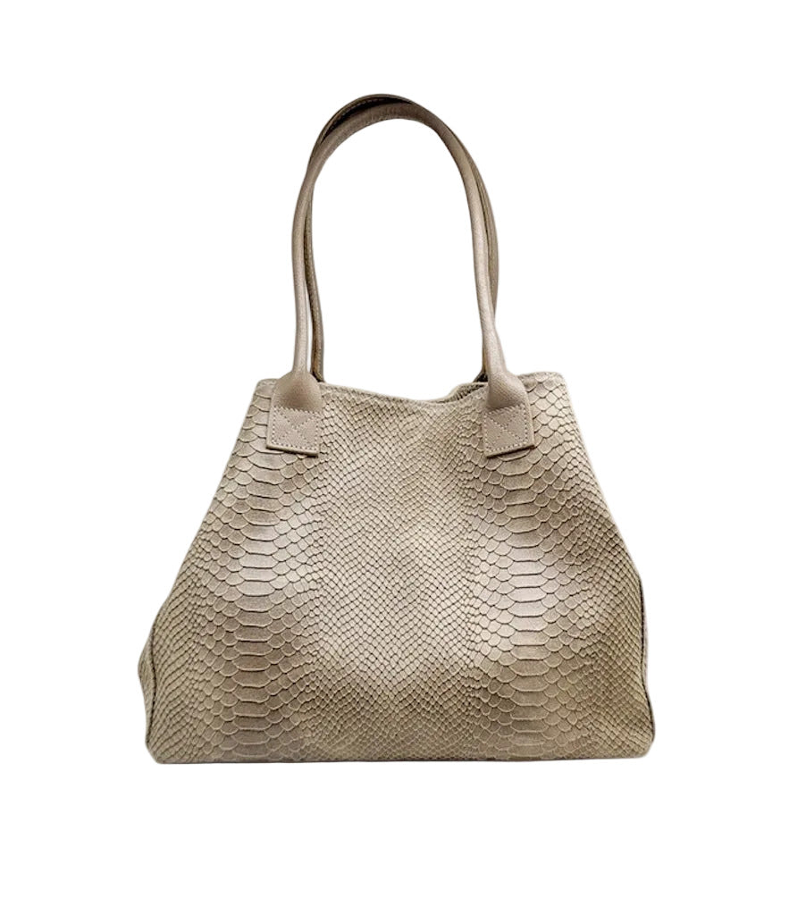BZNA Bag Ladasha Light Taupe Snake Prägung Leder Italy Damen Shopper Handtasche Schultertasche Tasche - B Z N A