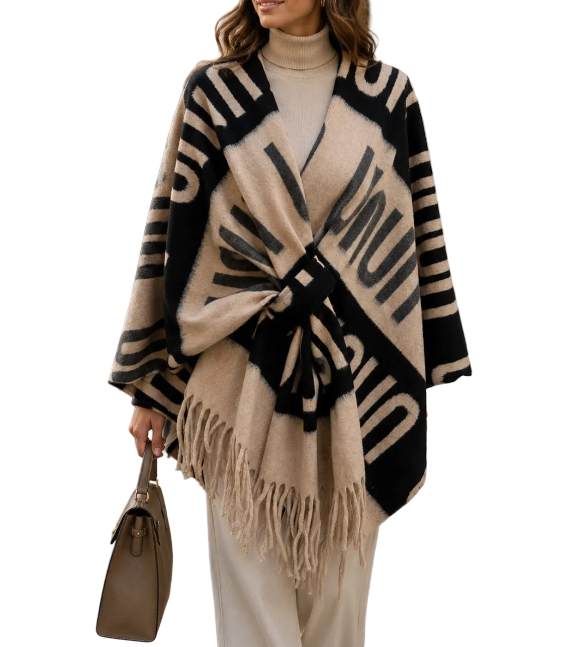 BZNA Strickponcho in Nero - Wolltuch mit Fransen - Poncho MADE IN ITALY - B Z N A