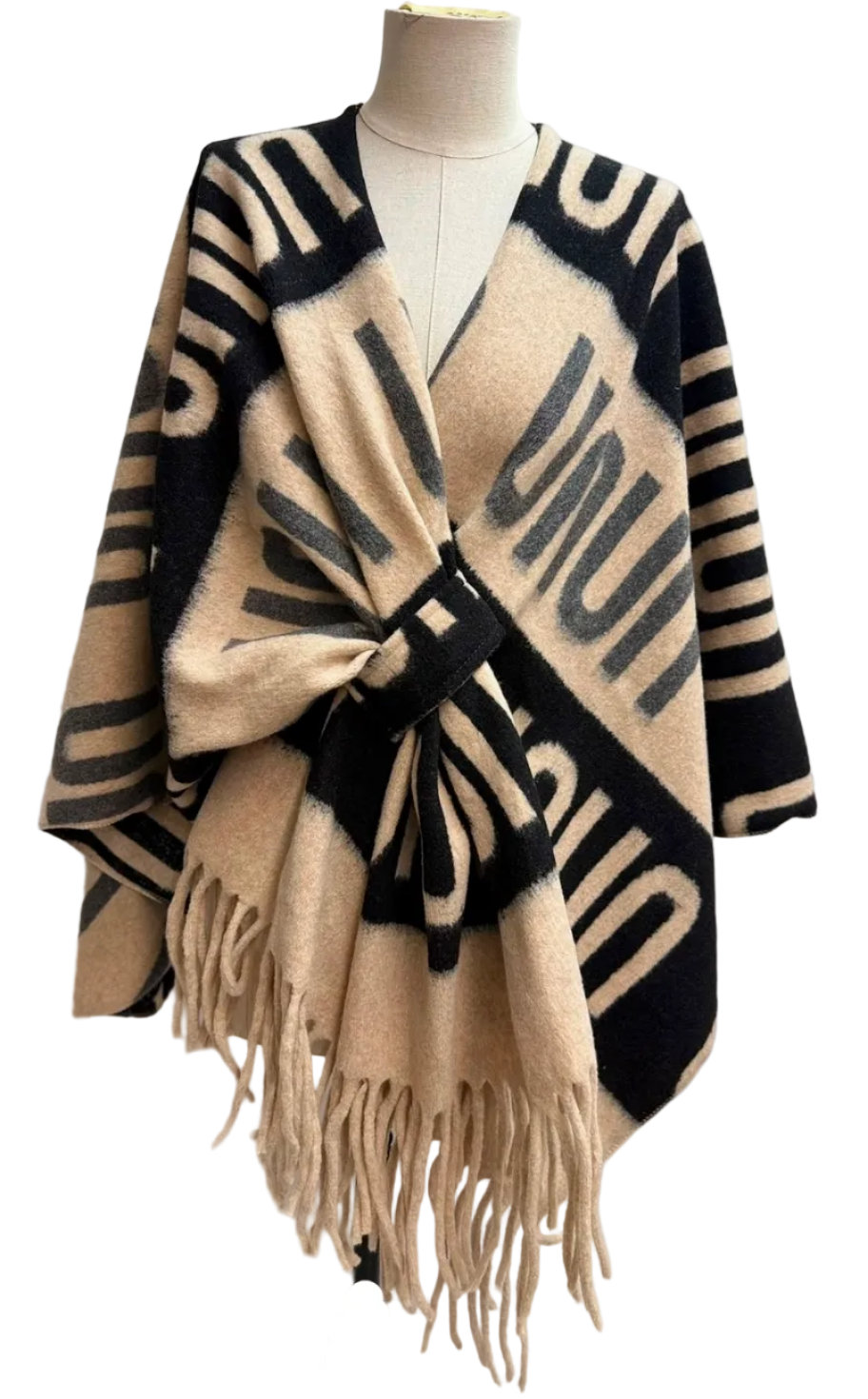 BZNA Strickponcho in Nero - Wolltuch mit Fransen - Poncho MADE IN ITALY - B Z N A