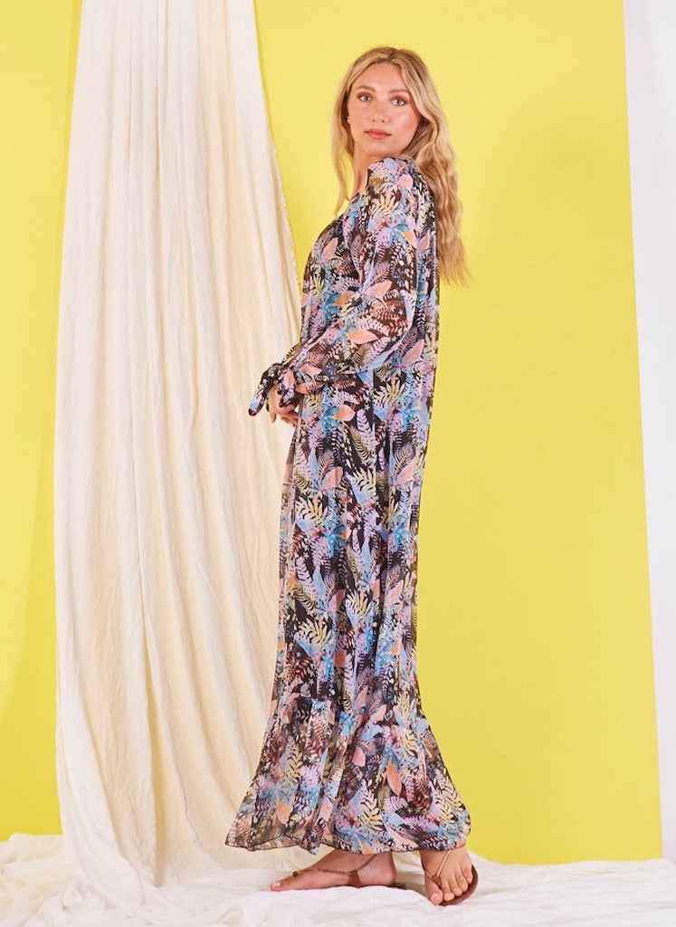 BZNA Boho Hippie Chiffonkleid mit elastischen Kragen Kleid Seide Langes Seidenkleid oneSize