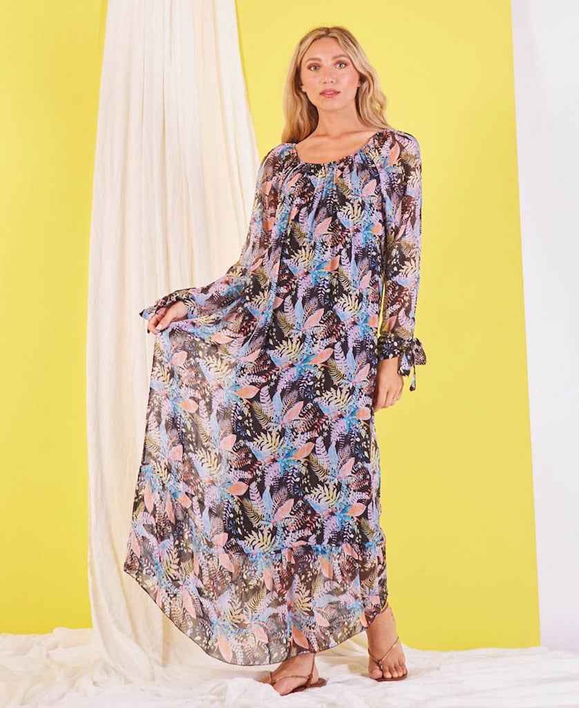 BZNA Boho Hippie Chiffonkleid mit elastischen Kragen Kleid Seide Langes Seidenkleid oneSize