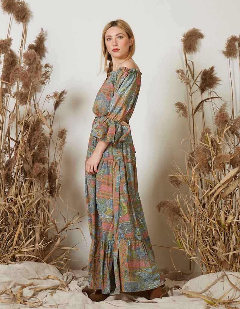 BZNA Boho Hippie Skyblue Kleid Seide Langes Schulterfreies Seidenkleid mit Puffärmeln oneSize