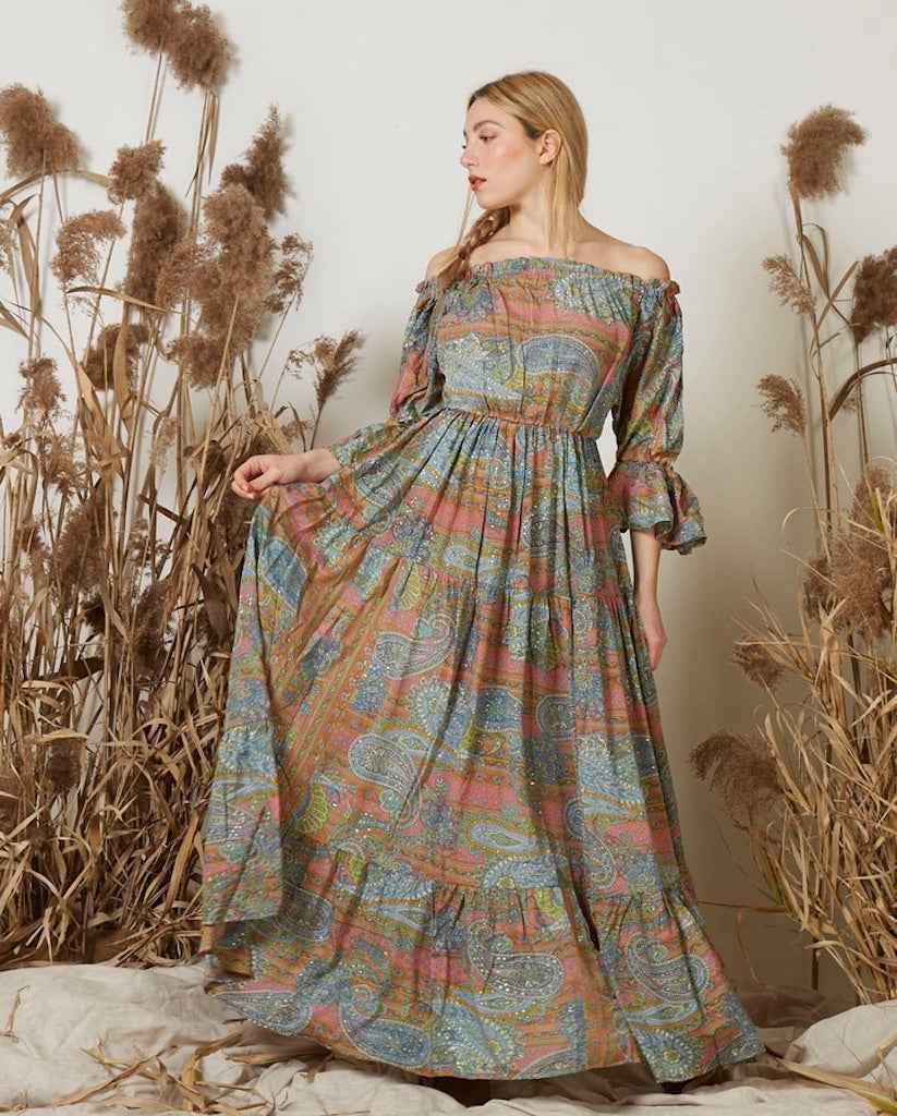 BZNA Boho Hippie Skyblue Kleid Seide Langes Schulterfreies Seidenkleid mit Puffärmeln oneSize